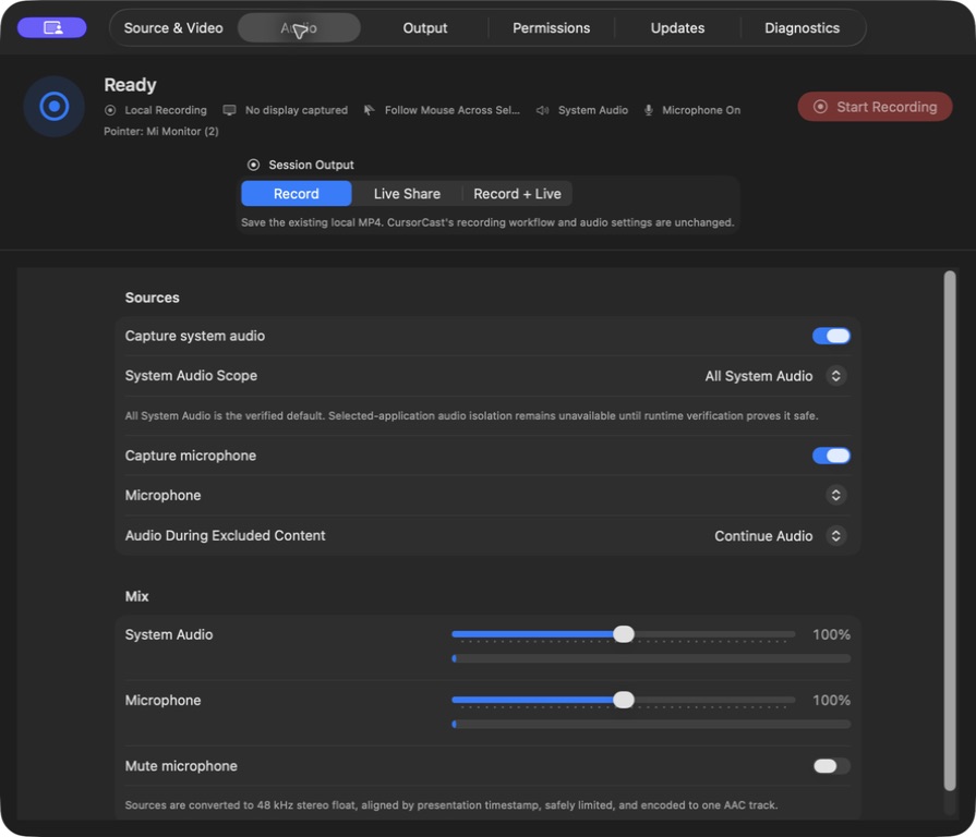 CursorCast Audio settings showing system audio and microphone controls