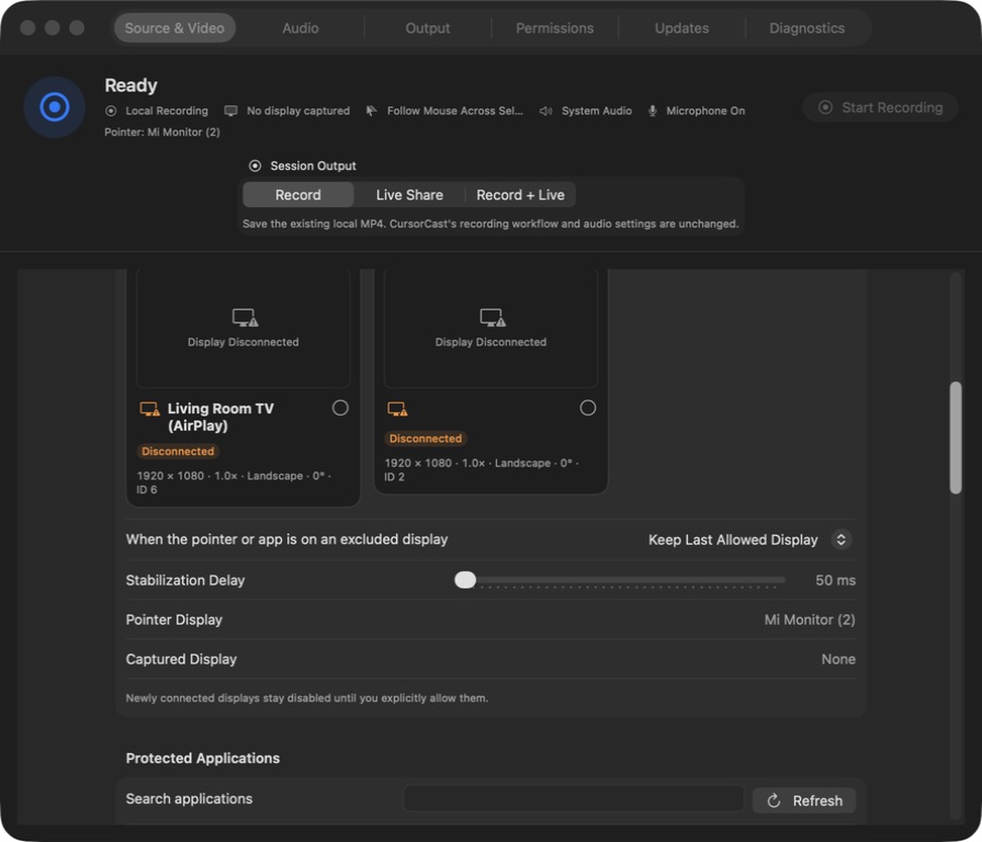 CursorCast Source and Video settings showing recording output, capture source, and display controls